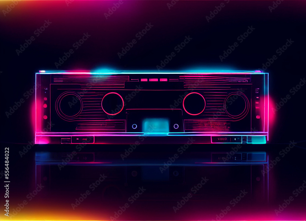 Poster beautiful audio cassette tape in neon light.minimalism retro style concept. 80s. background pattern 