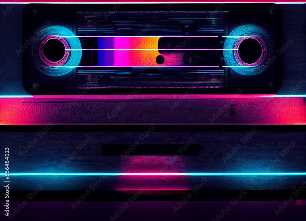 Poster beautiful audio cassette tape in neon light.minimalism retro style concept. 80s. background pattern 