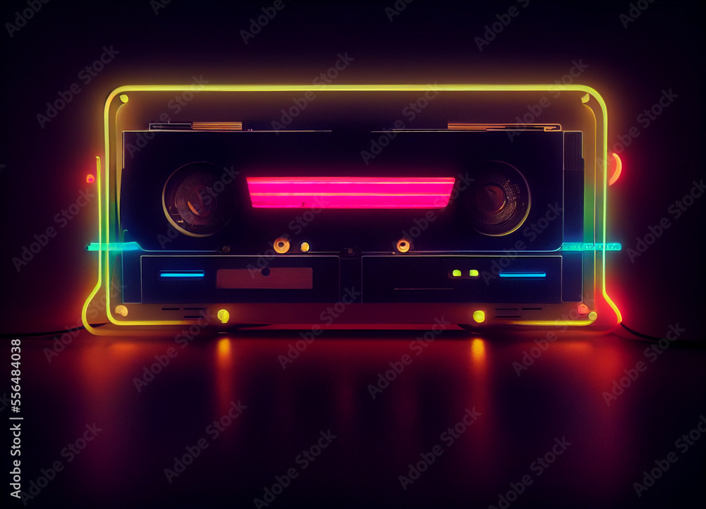 Poster beautiful audio cassette tape in neon light.minimalism retro style concept. 80s. background pattern 