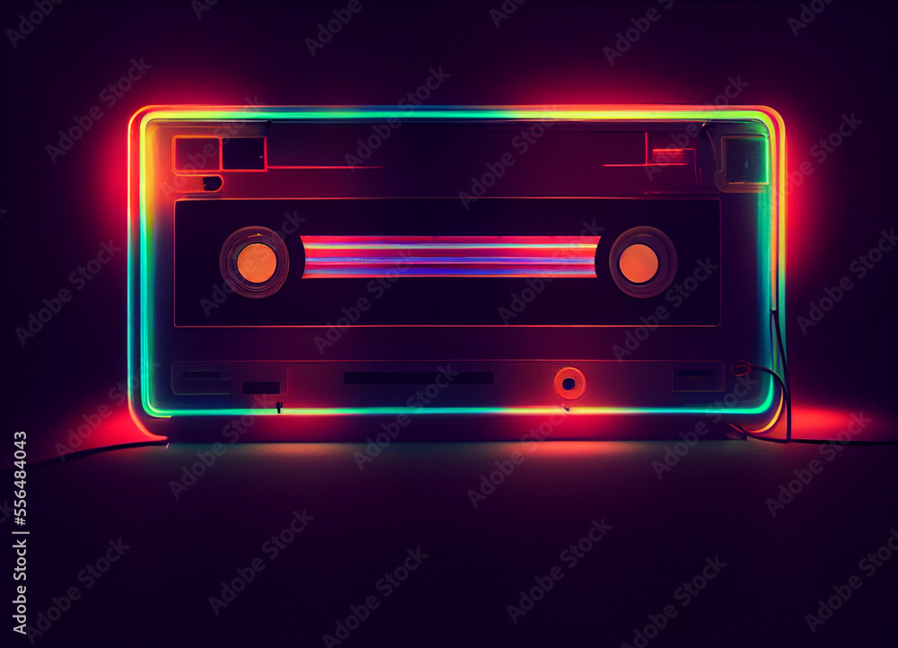 Poster beautiful audio cassette tape in neon light.minimalism retro style concept. 80s. background pattern 