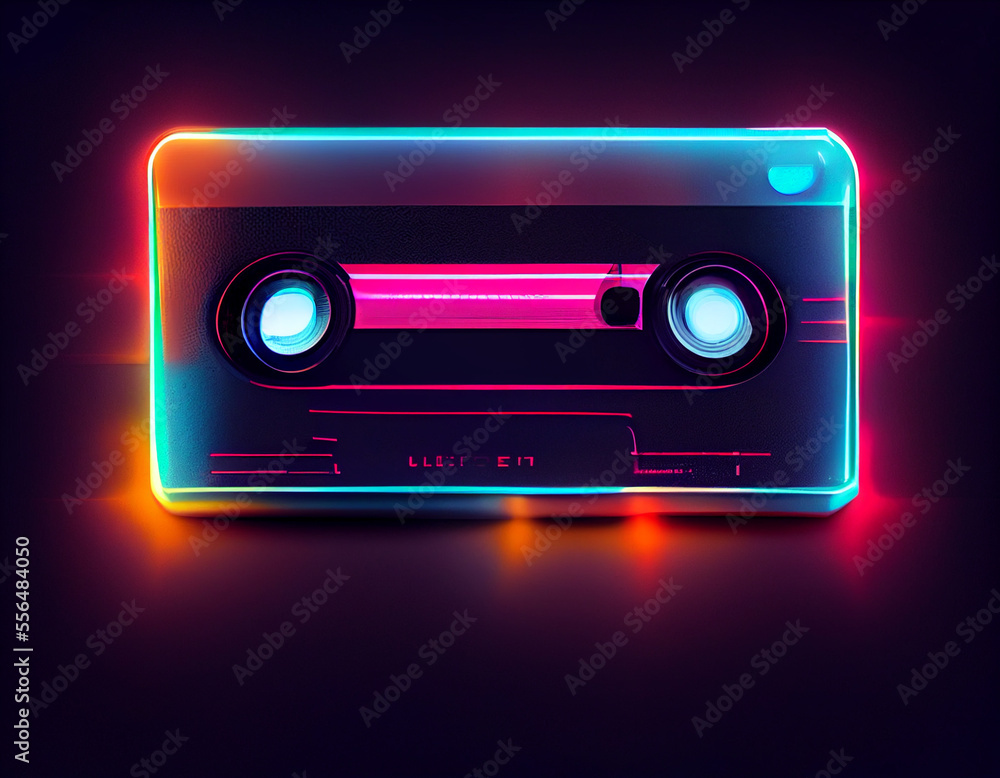 Poster beautiful audio cassette tape in neon light.minimalism retro style concept. 80s. background pattern 