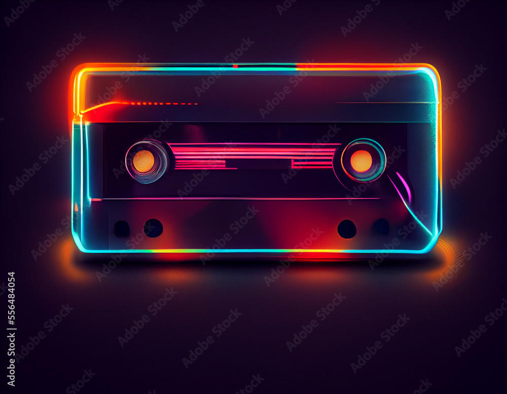 Poster beautiful audio cassette tape in neon light.minimalism retro style concept. 80s. background pattern 