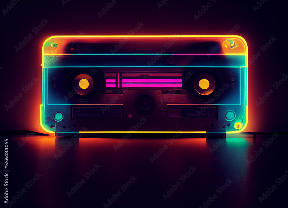 Poster beautiful audio cassette tape in neon light.minimalism retro style concept. 80s. background pattern 