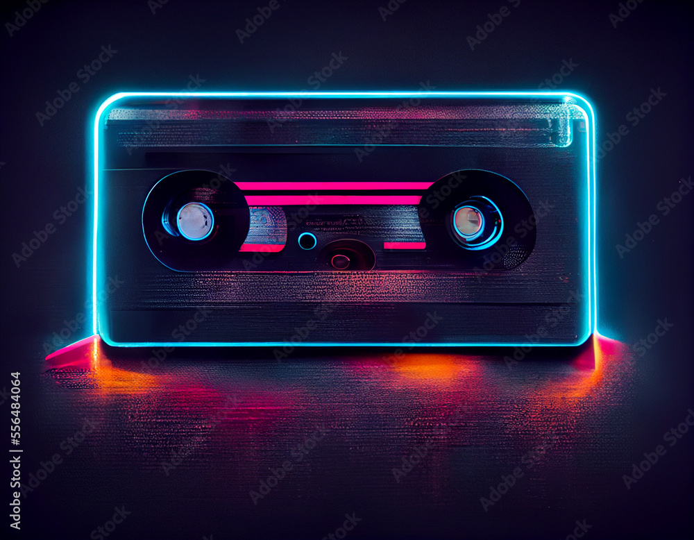 Poster beautiful audio cassette tape in neon light.minimalism retro style concept. 80s. background pattern 