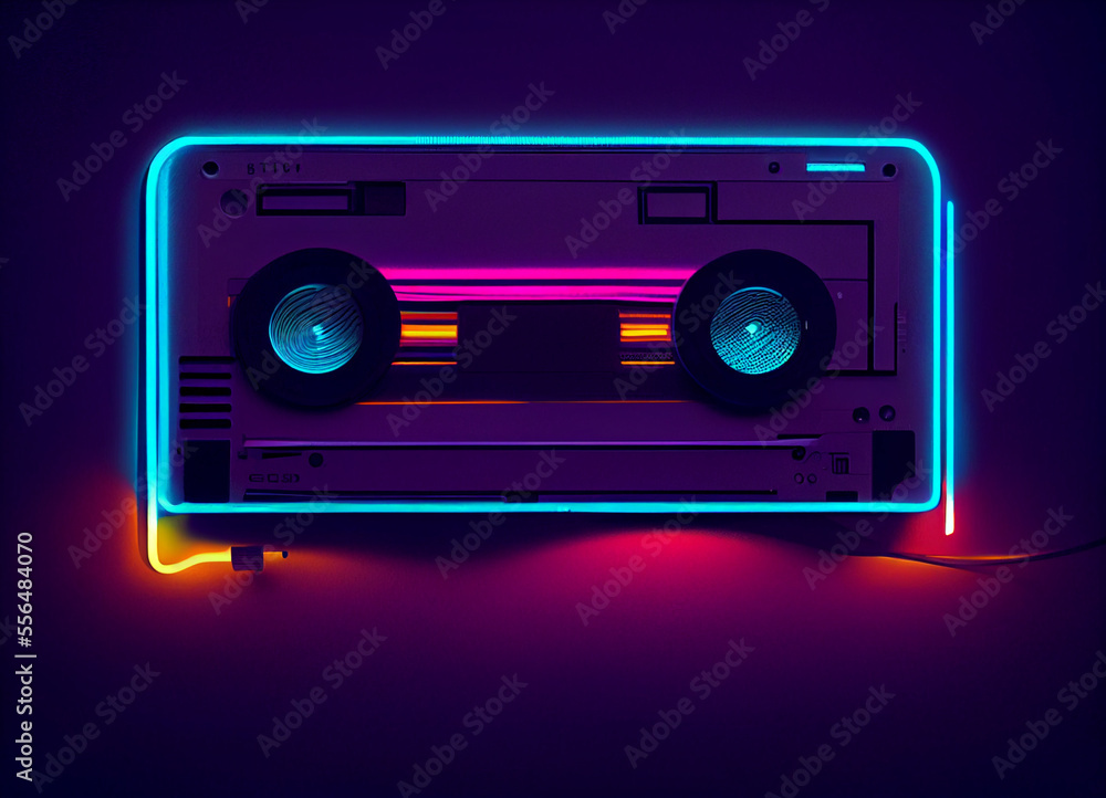 Poster beautiful audio cassette tape in neon light.minimalism retro style concept. 80s. background pattern 