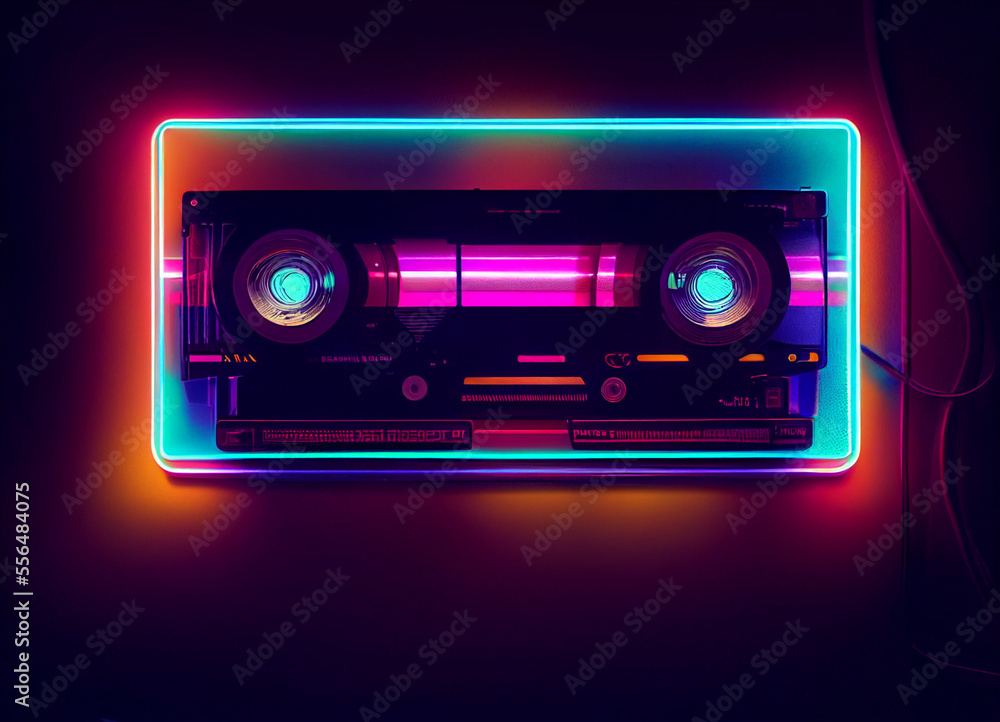 Poster beautiful audio cassette tape in neon light.minimalism retro style concept. 80s. background pattern 