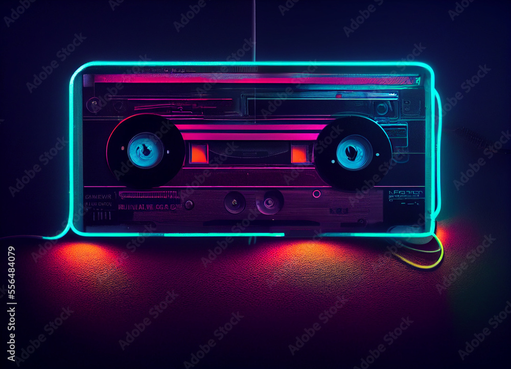 Poster Beautiful Audio cassette tape in neon light.Minimalism retro style concept. 80s. Background pattern for design.	 Generative AI technology.