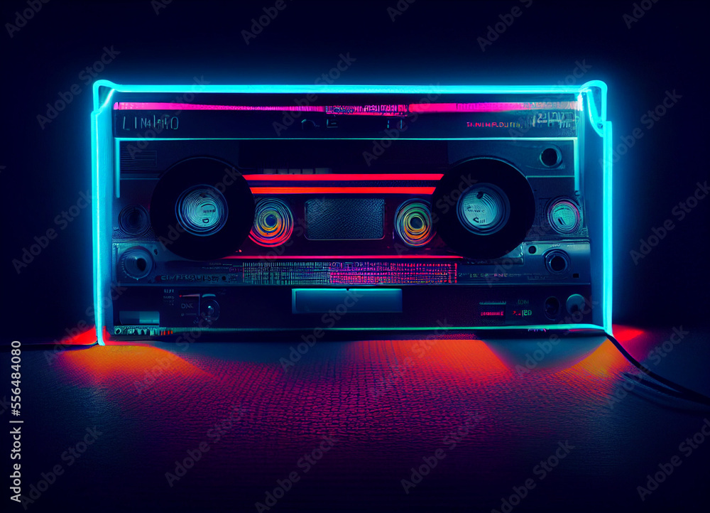 Poster beautiful audio cassette tape in neon light.minimalism retro style concept. 80s. background pattern 