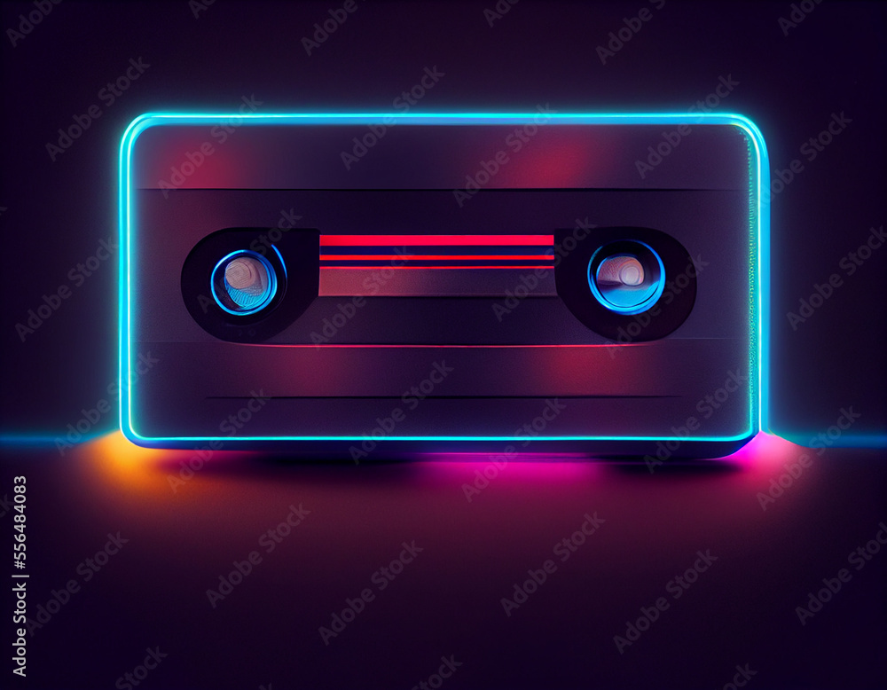 Poster beautiful audio cassette tape in neon light.minimalism retro style concept. 80s. background pattern 
