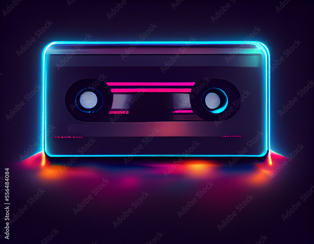 Poster beautiful audio cassette tape in neon light.minimalism retro style concept. 80s. background pattern 