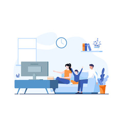 Family Watching tv show. Father Mother and Son watching television and having fun together. Happiness in family concept flat design for web application