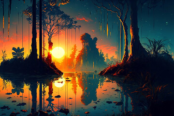 Beautiful Anime Sunset Scenery, amazon jungle. Generative AI