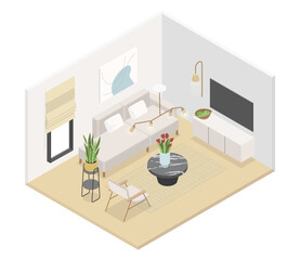 Bright living room - modern vector colorful isometric illustration