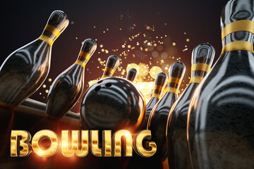 Bowling Poster for advertising, poster for the site, modern design, magazine style. Bowling ball and Skittles on the track plus the inscription Bowling. Copy space, 3D illustration, 3D render.