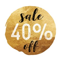 Sale 40 percent off gold glitter shape badge or banner with white background. Discount offer or sale tag for 40 percent off	