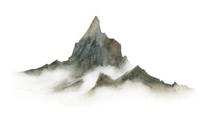 A mountain in the fog hand drawn in watercolor. Watercolor illustration. 
