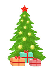 Green tree, Christmas tree with a star and yellow or gold Christmas toys and gift boxes on a white vertical background. New Year and Christmas. Individual elements and objects. Vector illustration.