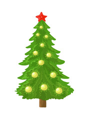 A green fur tree, a Christmas tree with a star and yellow or gold Christmas toys on a white vertical background. New Year and Christmas. Individual elements, objects and icons. Vector illustration.