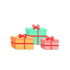 Gift boxes in orange, blue and pink colors and with red bows on a white square background. Give gifts. New Year and Christmas. Individual elements, objects and icons. Vector illustration.