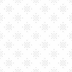 Subtle minimal vector seamless pattern with small diamond shapes, stars, rhombuses, dots. Simple geometric background. Abstract minimalist white and gray texture. Repeat geo design for decor, fabric