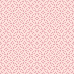 Vector geometric seamless pattern in abstract style. Elegant pink ornament texture with lines, floral shapes, stars, grid, diamonds, repeat tiles. Vector abstract ornamental background. Subtle design