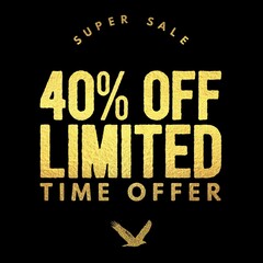 Fototapeta premium Sale 40 percent off gold glitter text with black background banner. Discount offer or sale tag for 40 percent off
