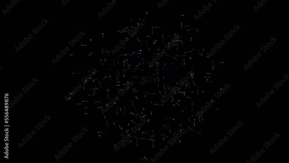 Poster abstract chaotic dance of multi-colored threads and lines in space on dark background. chaotic disco