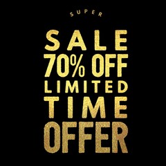 Sale 70 percent off gold glitter text with black background banner. Discount offer or sale tag for 70 percent off