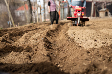 Farmer man plows the land with a cultivator preparing the soil for sowing.  Selective focus.
