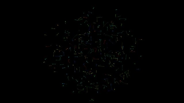 Abstract chaotic dance of multi-colored threads and lines in space on dark background. Chaotic disco background. Fast-lived molecules and photons. Cosmic chaos with Alpha channel 3D render