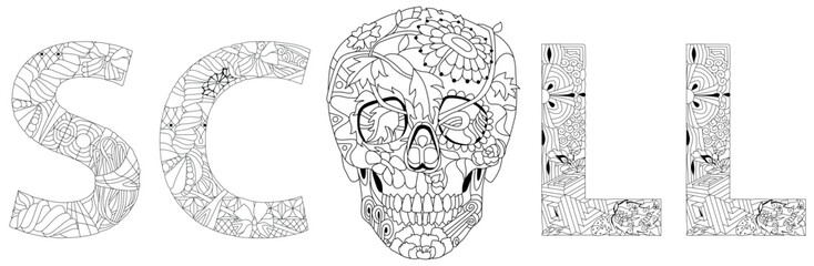 Zentangle stylized word scull. Hand drawn decorative vector illustration for coloring