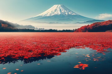 Mountain in Autumn Season. Red Leaves in Beautiful Weather