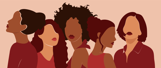 Friendship of women of different ethnicity and culture standing side by side together. Strong and courageous girls support each other in the feminist movement. Colorful vector illustration.