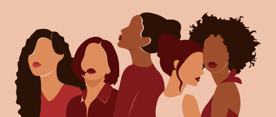 Fototapeta na wymiar Friendship of women of different ethnicity and culture standing side by side together. Strong and courageous girls support each other in the feminist movement. Colorful vector illustration.