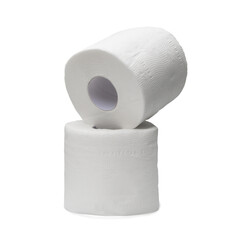 two rolls of white tissue paper or napkin in stack for use in toilet or restroom isolated on white background with clipping path in png file format with shadow