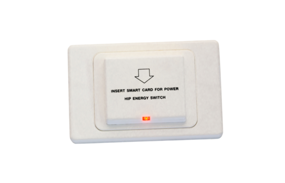 White socket with text reading Insert smart card for power installed on wall in luxurious hotel or resort room isolated on white background with clipping path in png file format