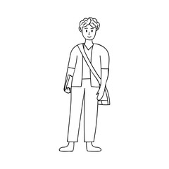 Doodle illustration of standing young male student with bag in one hand and holding with another hand book front view. Young man standing with bag and book hand drawn icon in vector.