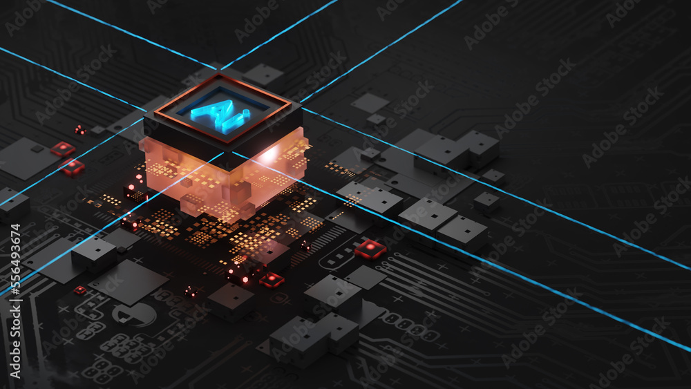 Poster isometric ai with cube on a dark circuit board background, illustration in the form of a landing pag