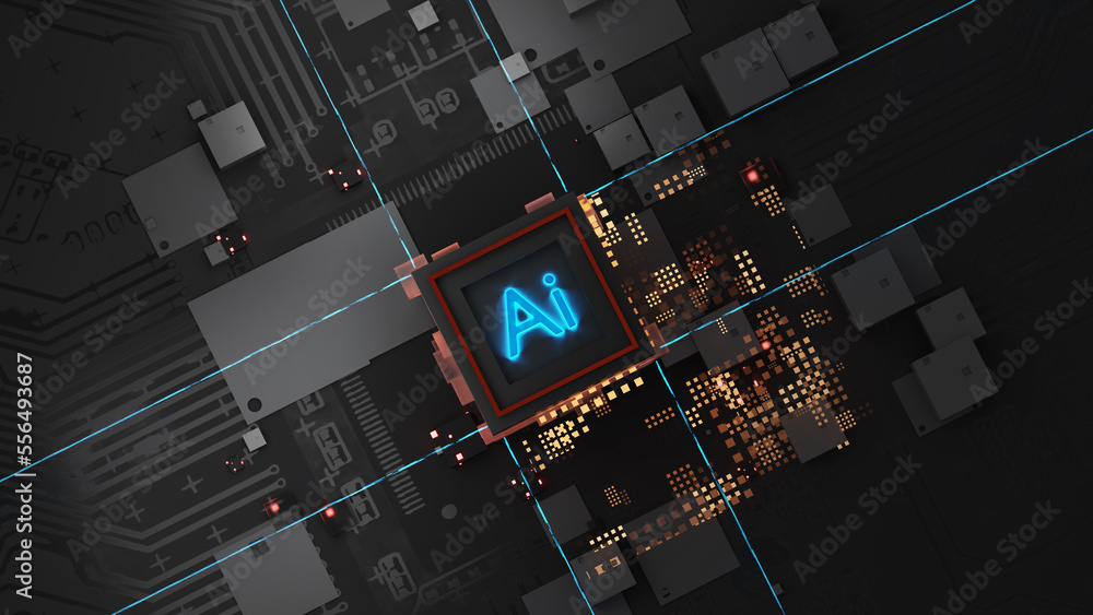 Fototapete Futuristic microchip processor with lights blue AI background. Quantum computer, large data processing, database concept. CPU isometric banner. Central Computer Processors CPU concept.3d render