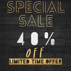 Special Sale 40 percent off golden text with black wooden background. Discount offer or sale tag for 40 percent off