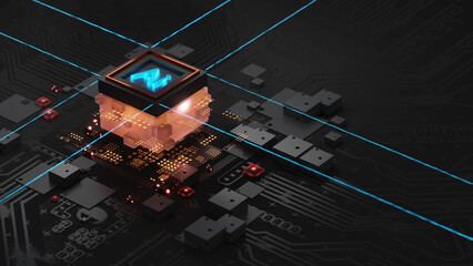 Isometric AI with cube on a dark circuit board background, illustration in the form of a landing page for a web site, a server processing big data. 3d render