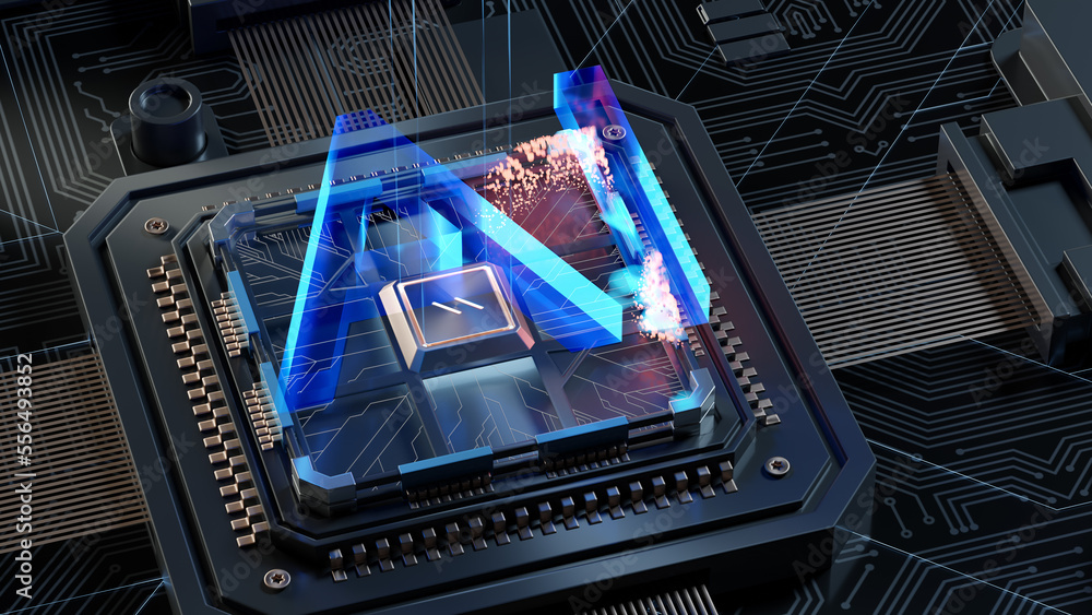 Poster artificial intelligence in a complex and modern gpu card 3d rendering