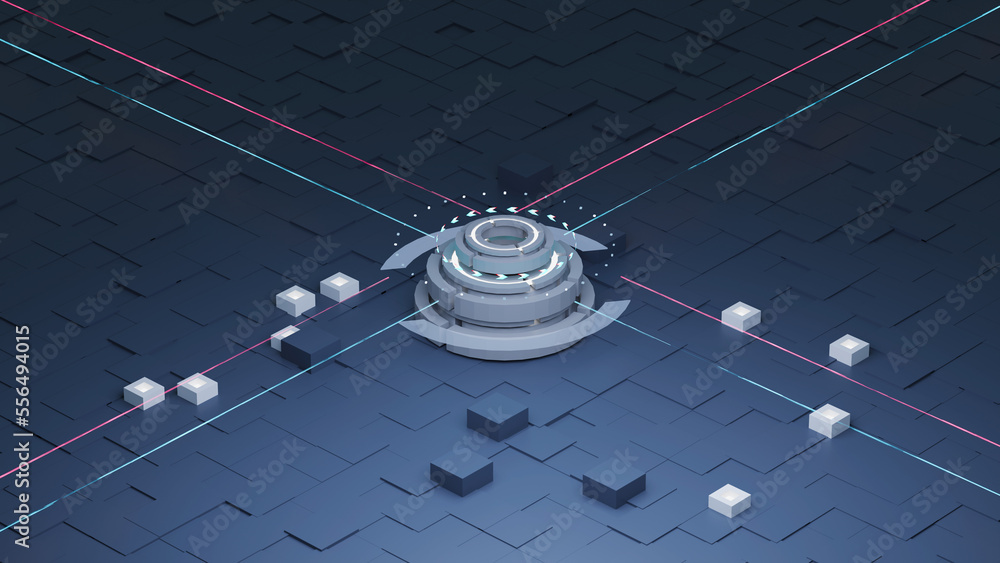 Poster sci-fi technology robotic quantum computing processor concept for business technology, engineering a