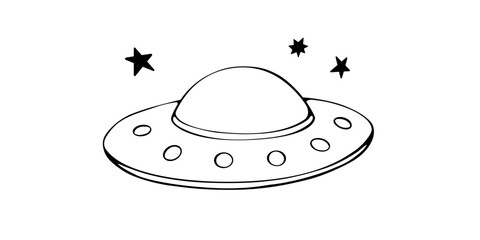 Fototapeta premium Flying saucer, spaceship icon in sketch cartoon style. Design element on the theme of UFO, space, aliens. Hand drawn doodle vector illustration