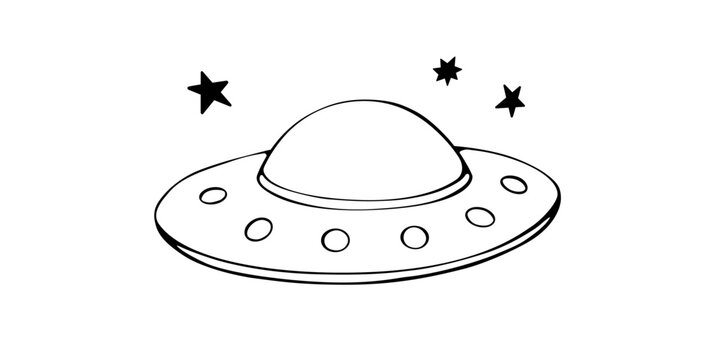 Flying saucer, spaceship icon in sketch cartoon style. Design element on the theme of UFO, space, aliens. Hand drawn doodle vector illustration