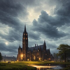 Naklejka premium Fantasy academy. Gothic building. Great for urban fantasy, vampire and other stories. 