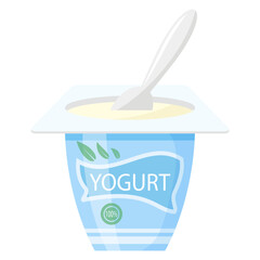 Vector fresh yogurt container and plastic spoon isolated on white background.
