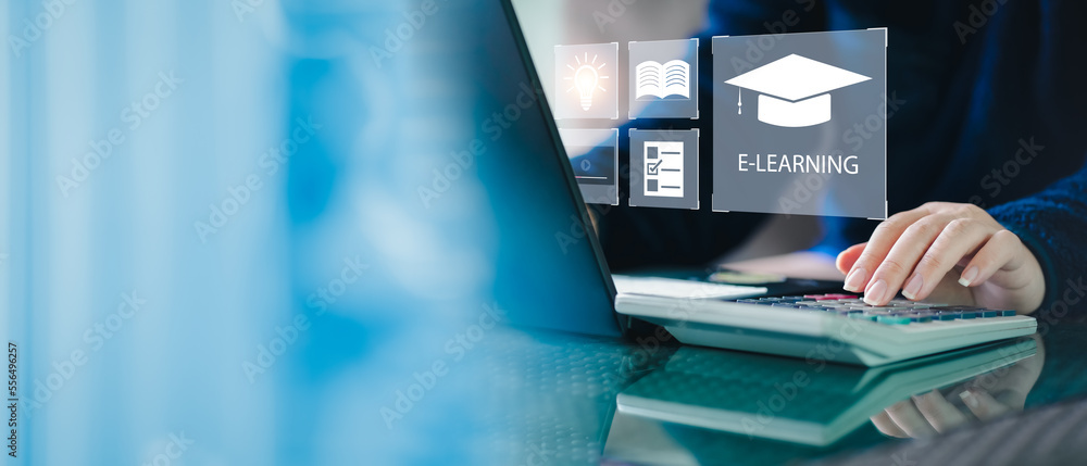 Poster Concept of Online education. man use Online education training and e-learning webinar on internet for personal development and professional qualifications. Digital courses to develop new skills...