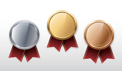 Gold, silver and bronze medals vector.Champion and winner awards Sports medal set with red ribbon.