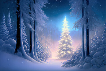 Christmas tree glowing in winter forest at night, trees covered in snow. Generative AI illustration